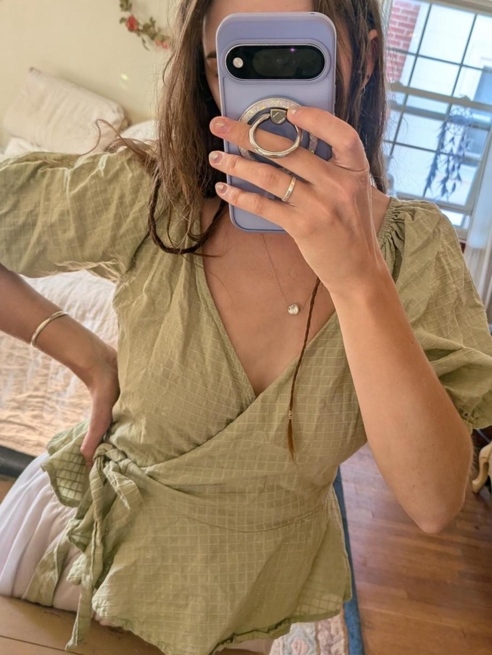 Universal Thread Sage Green Short Sleeve Wrap Top with Puff Sleeves